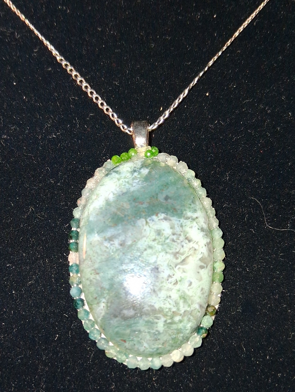 Handcrafted Moss Agate and Grandierite Sterling Silver Oval Pendant Necklace